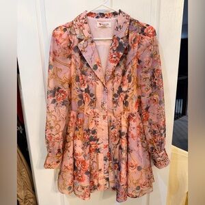 L’ATISTE by Amy Floral Pink Long Sleeve Mini Dress with “Diamond” Buttons small